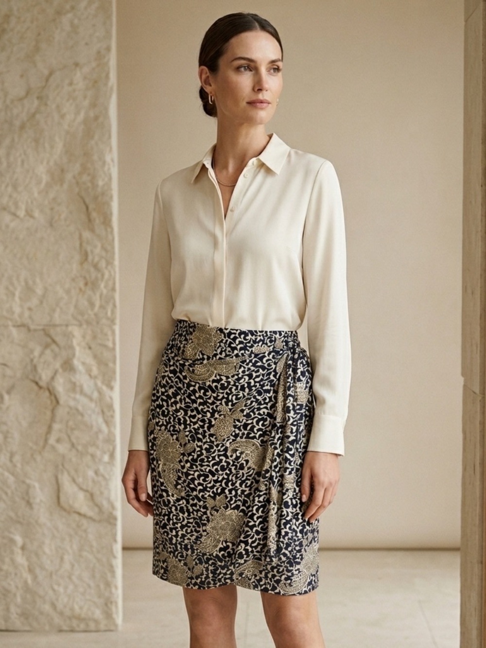 Vintage Escada Silk Floral Faux Wrap Skirt Size 38 = US 6/8 90s